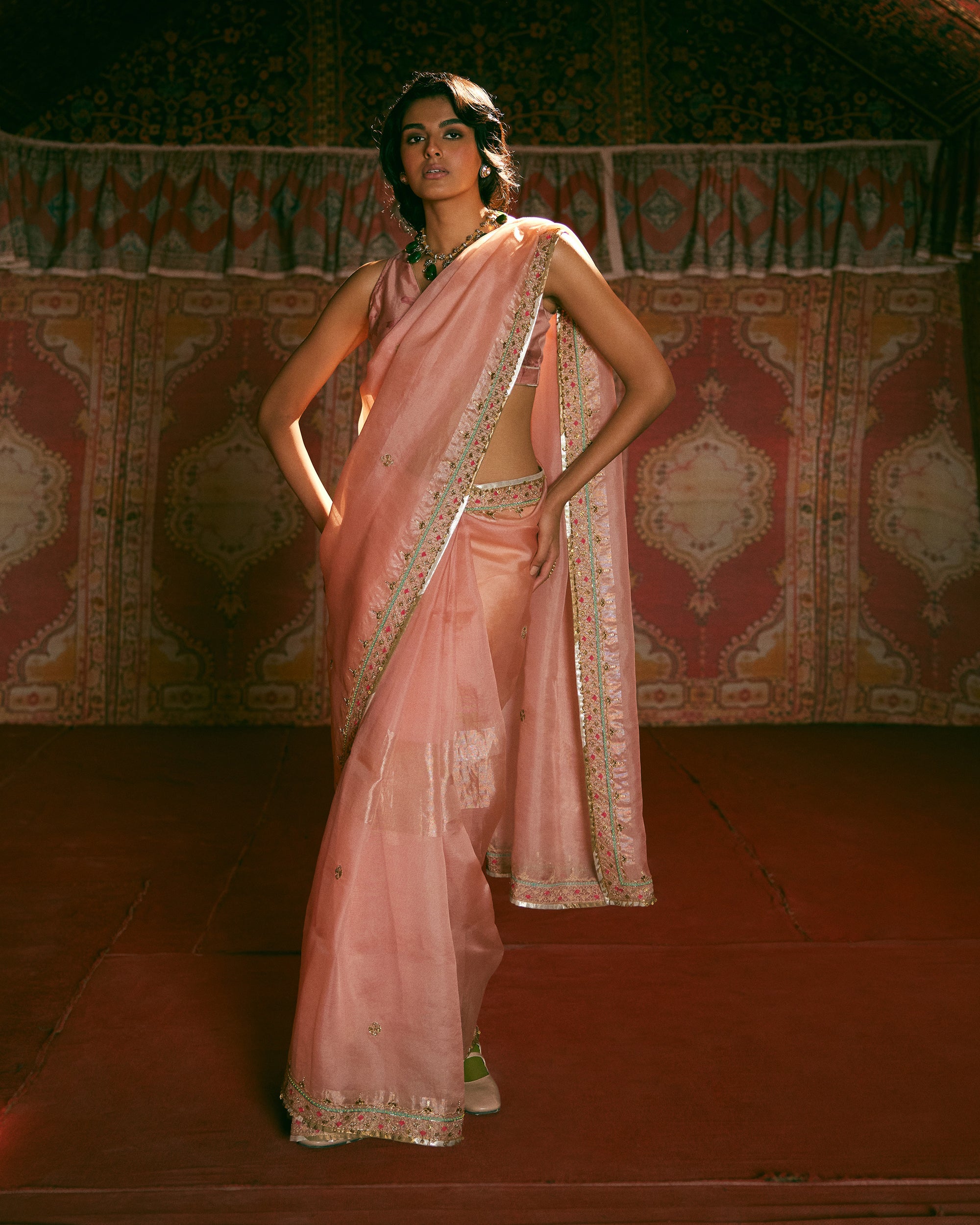 Reejh Tissue Pastel Pink Jacket Saree Set