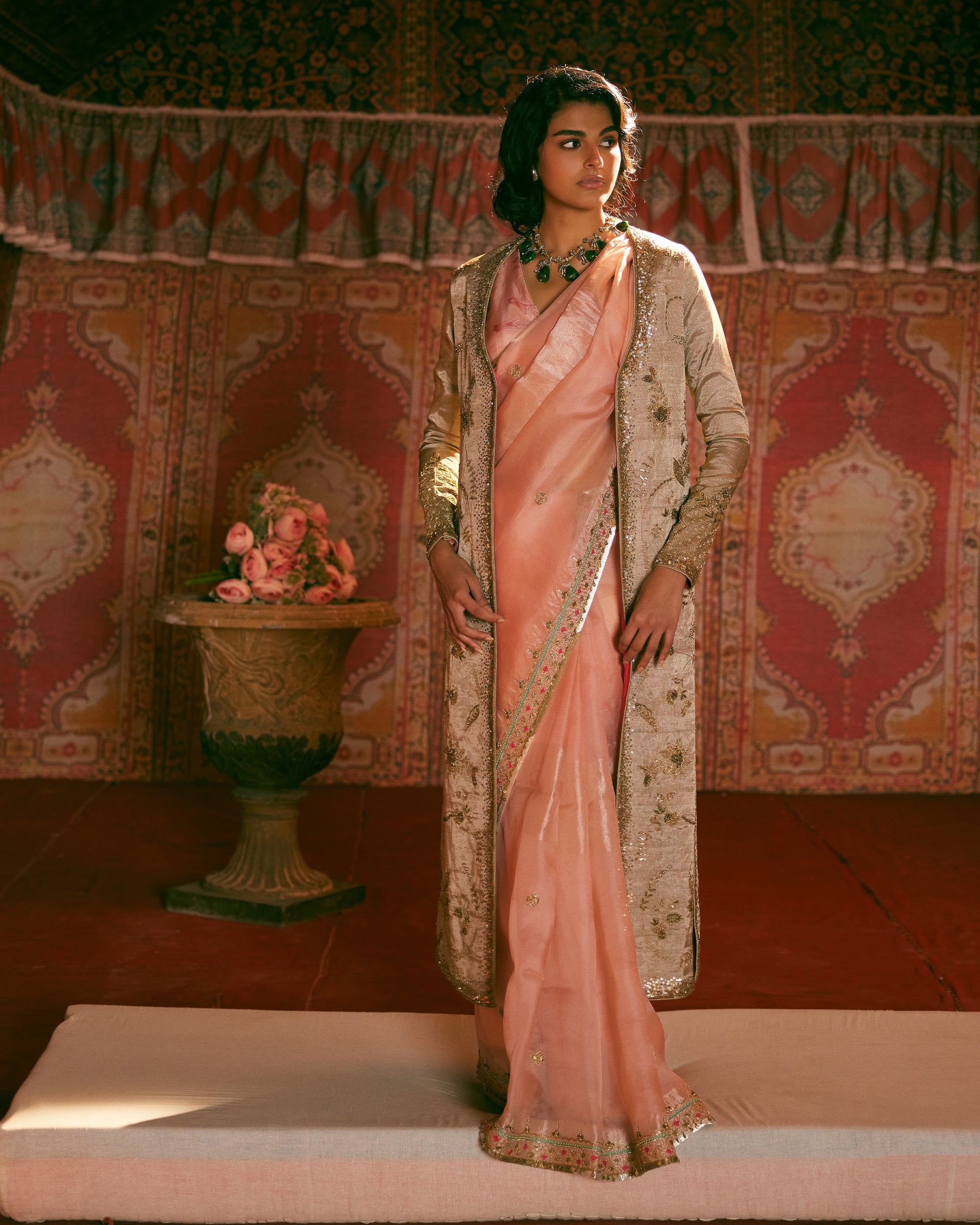 Reejh Tissue Pastel Pink Jacket Saree Set