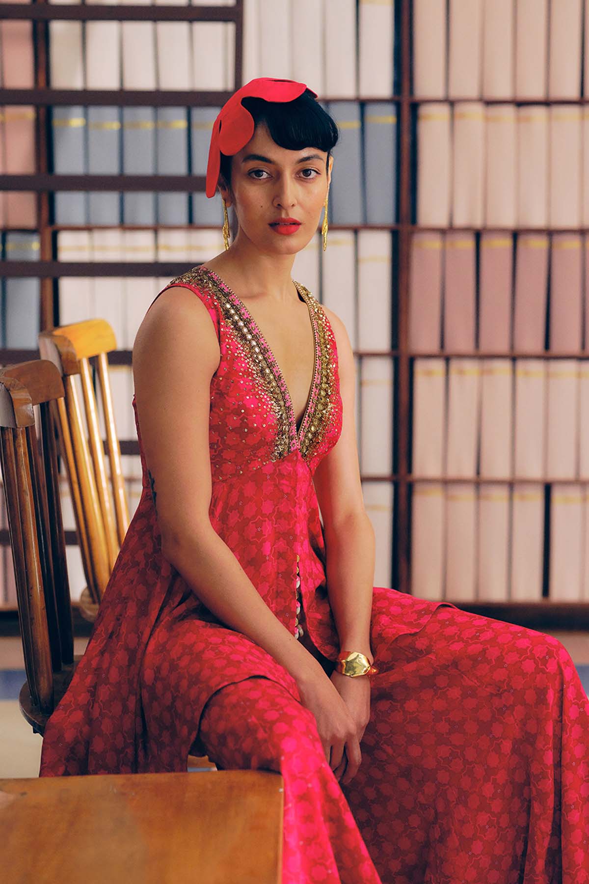NILOUFER RED-MAGENTA GULTARA PEPLUM SHARARA SET