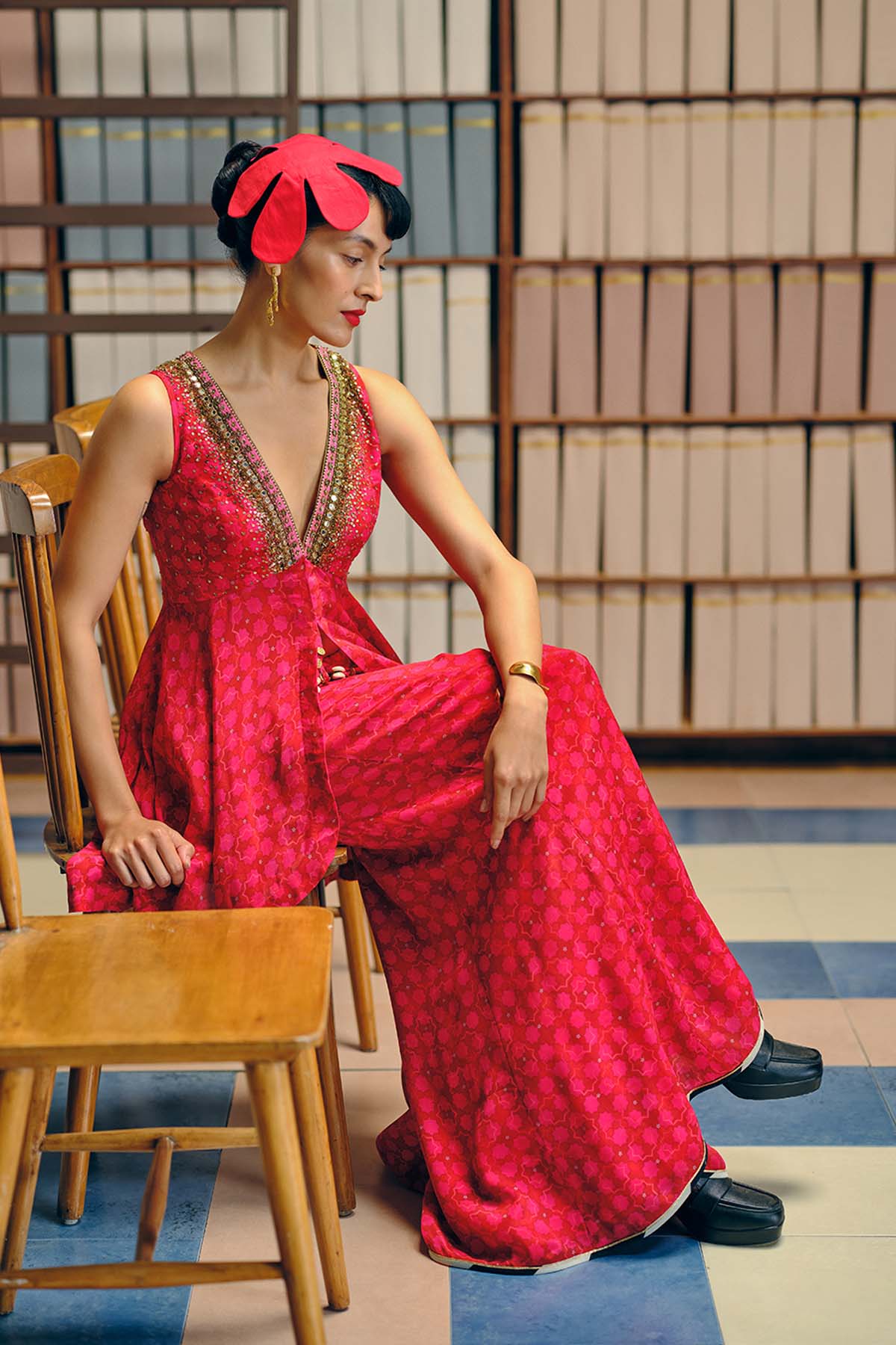 NILOUFER RED-MAGENTA GULTARA PEPLUM SHARARA SET