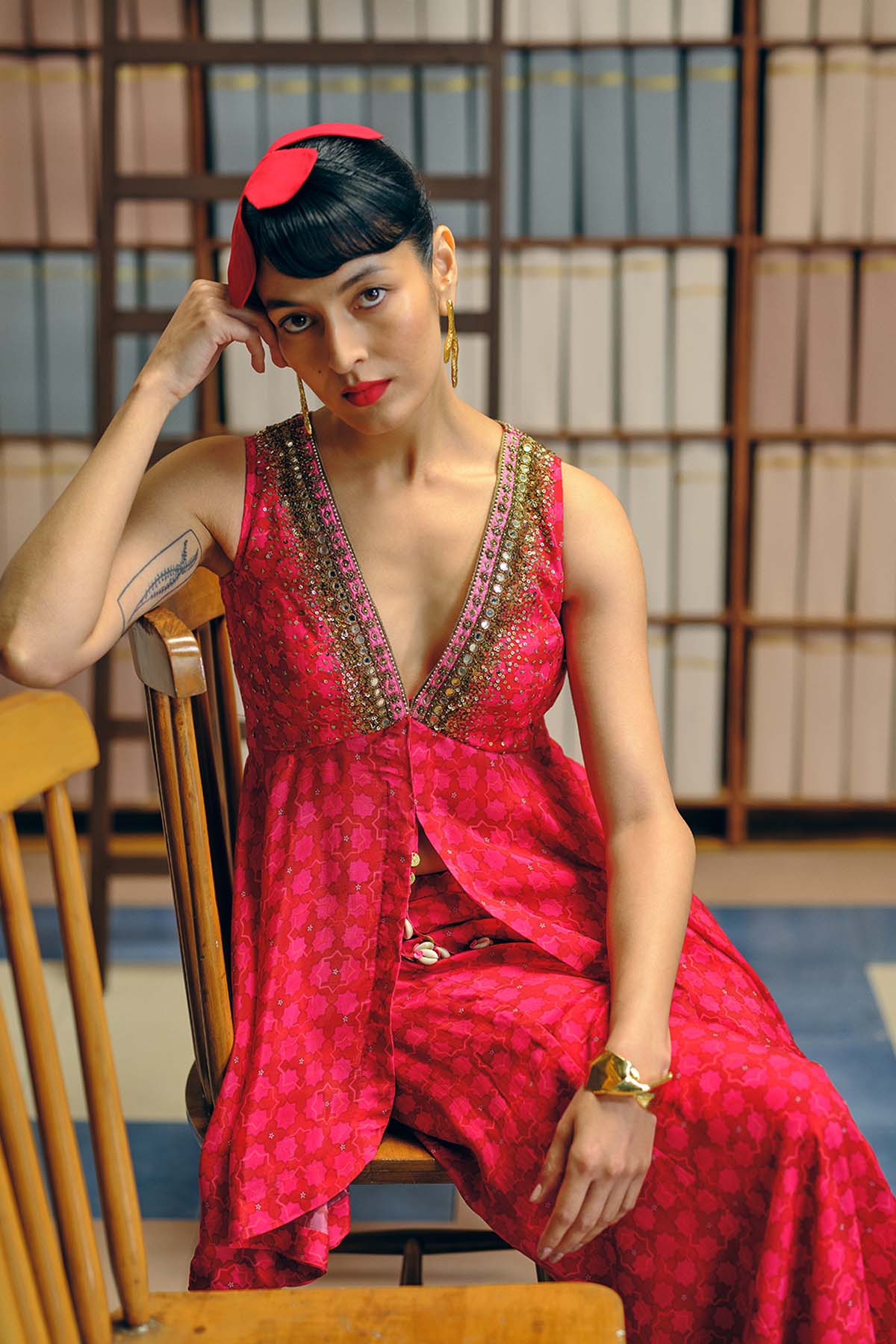 NILOUFER RED-MAGENTA GULTARA PEPLUM SHARARA SET