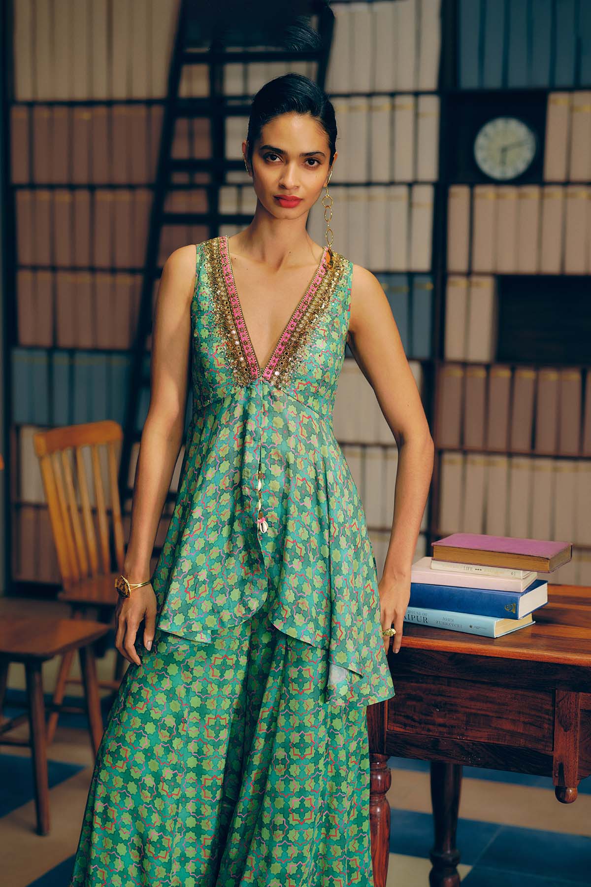 NILOUFER GREEN GULTARA PEPLUM SHARARA SET
