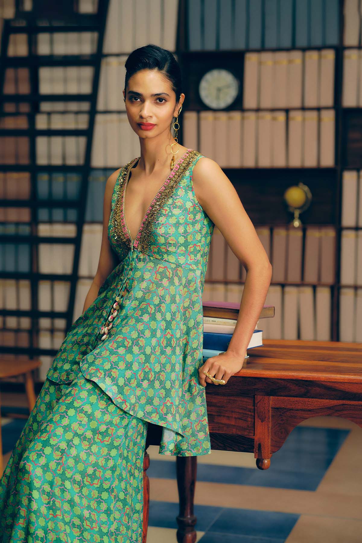 NILOUFER GREEN GULTARA PEPLUM SHARARA SET