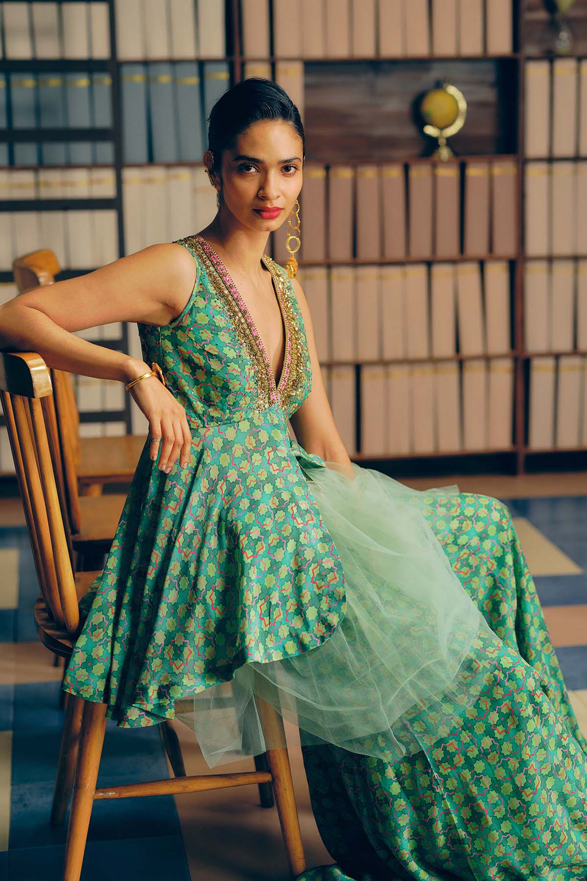 NILOUFER GREEN GULTARA PEPLUM SHARARA SET