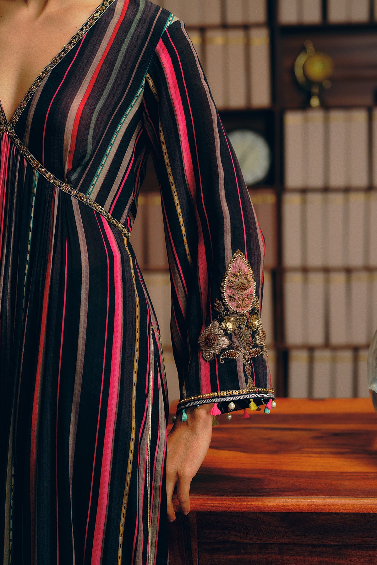 NILOUFER BLACK-PINK STRIPE ALIA CUT KURTA SET