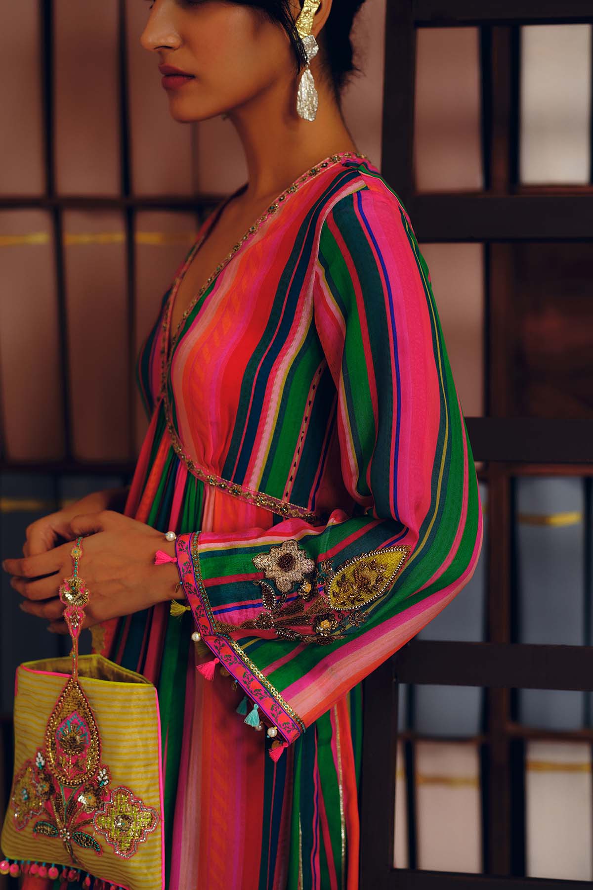 NILOUFER PINK-GREEN STRIPE ALIA CUT KURTA SET