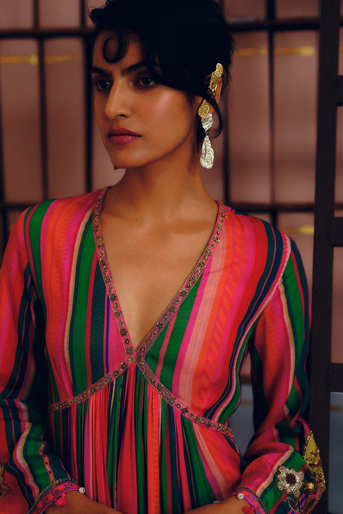 NILOUFER PINK-GREEN STRIPE ALIA CUT KURTA SET