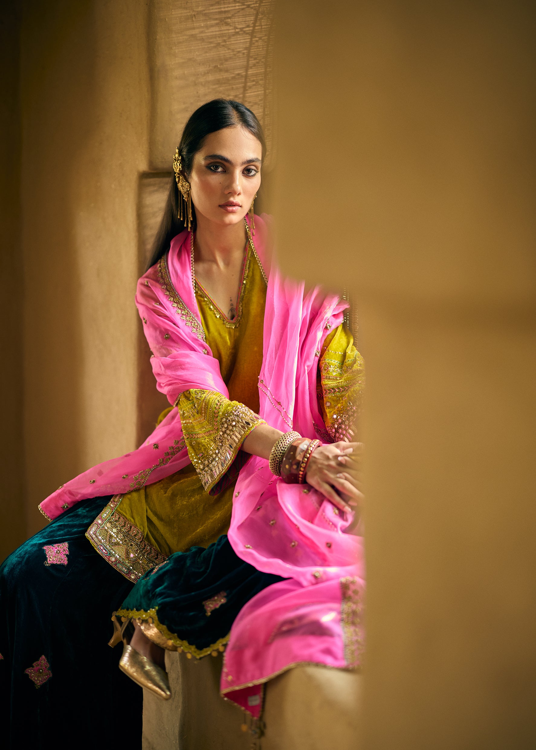 Nisbat Yellow- Green Velvet Sharara Set