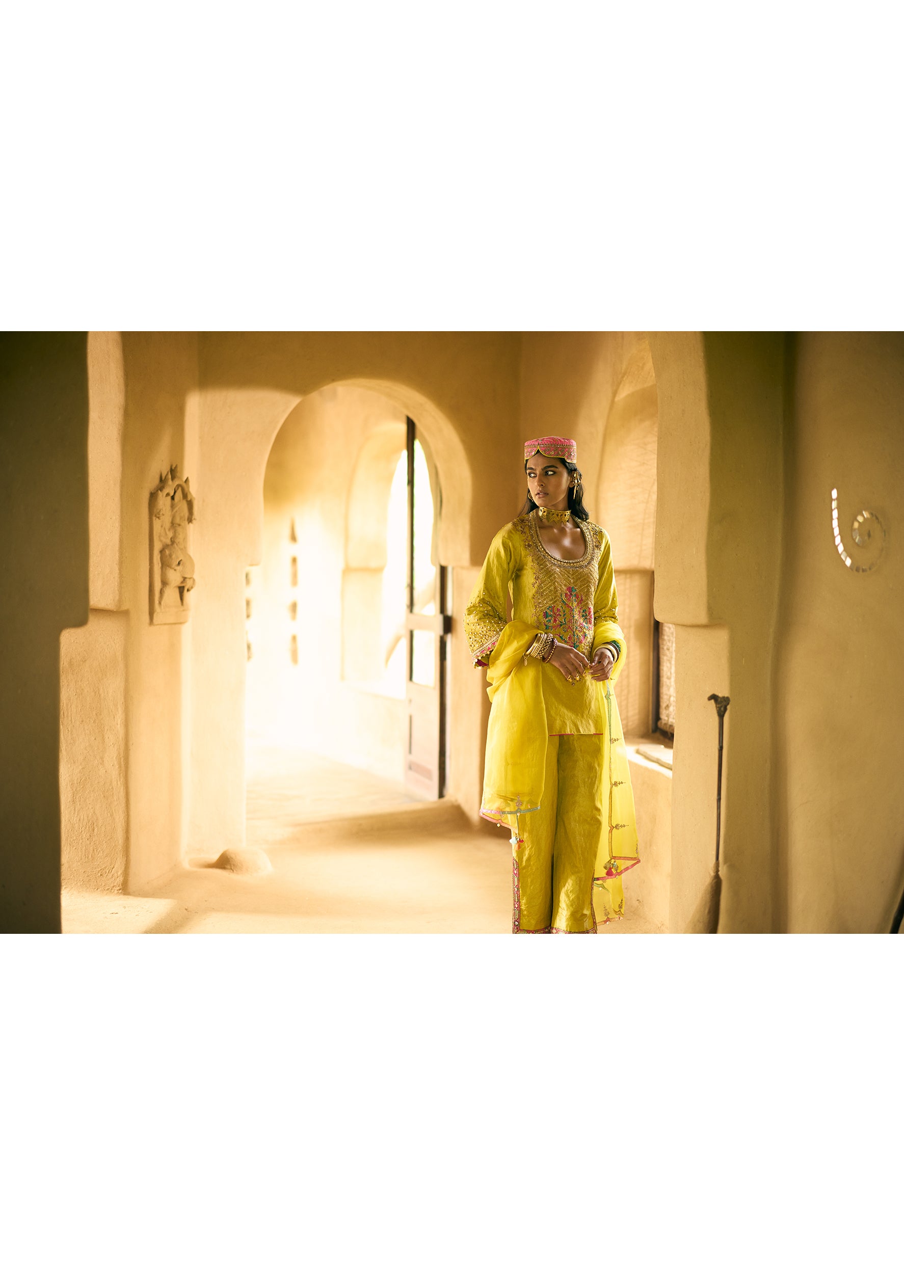 Nisbat Yellow Tissue Yoke Boota Kurta Set