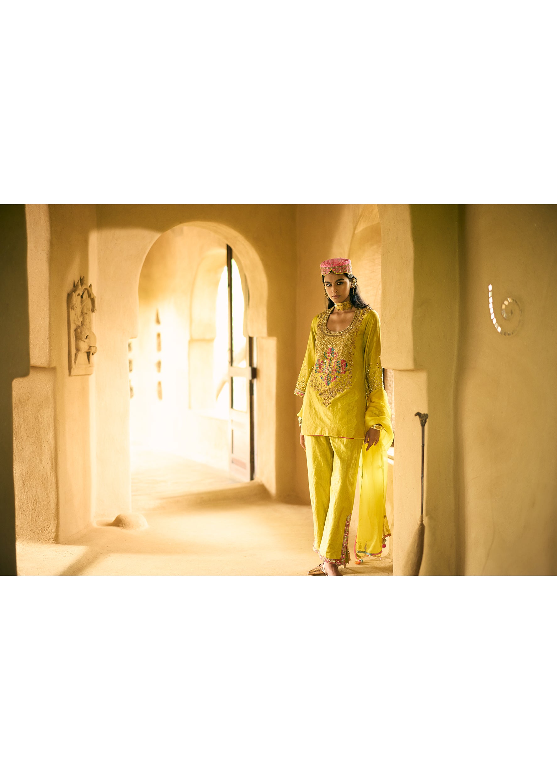 Nisbat Yellow Tissue Yoke Boota Kurta Set