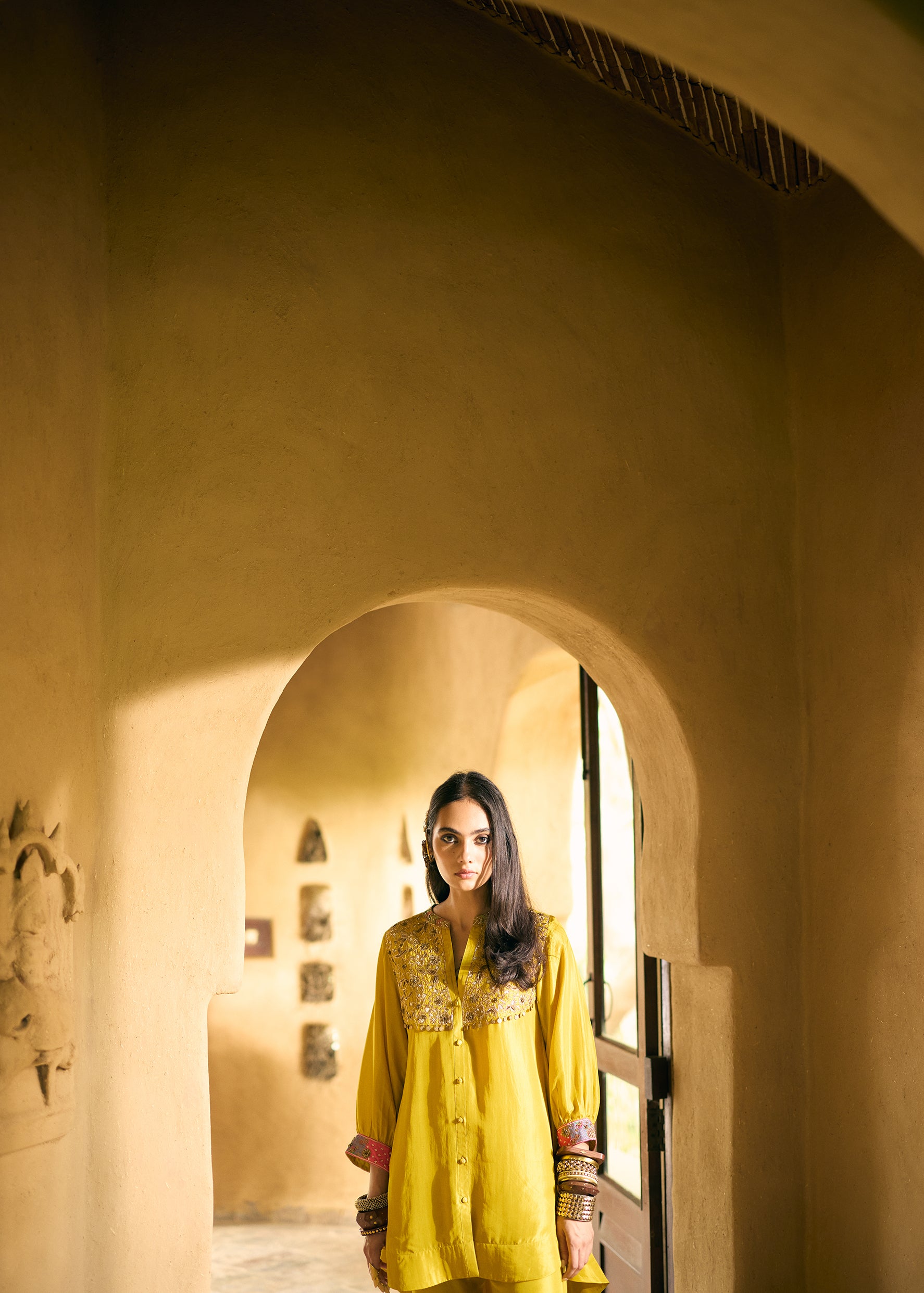 Nisbat Yellow Silk Shirt Co-ord Set