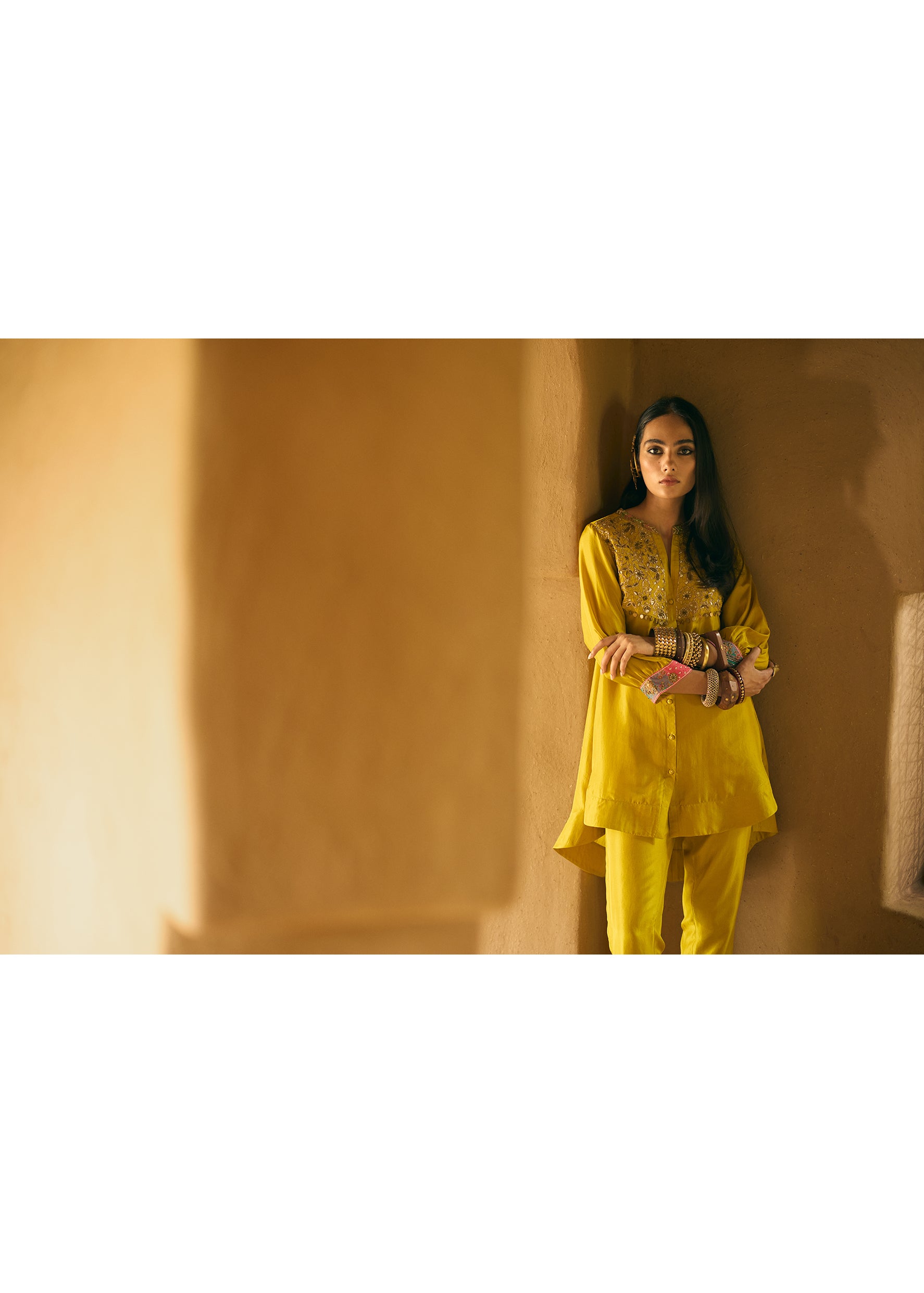 Nisbat Yellow Silk Shirt Co-ord Set