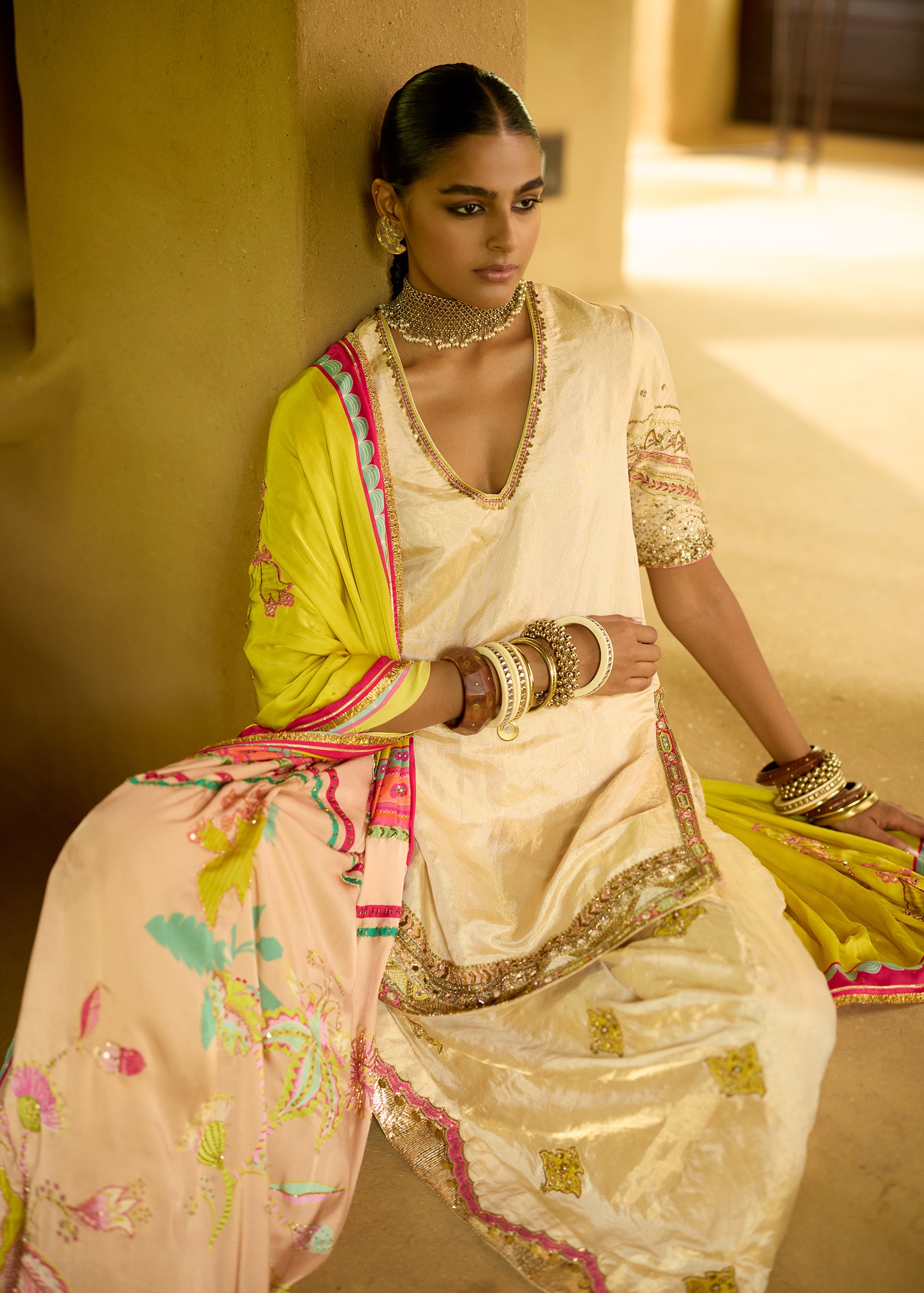 Nisbat Ivory Tissue Sharara Set