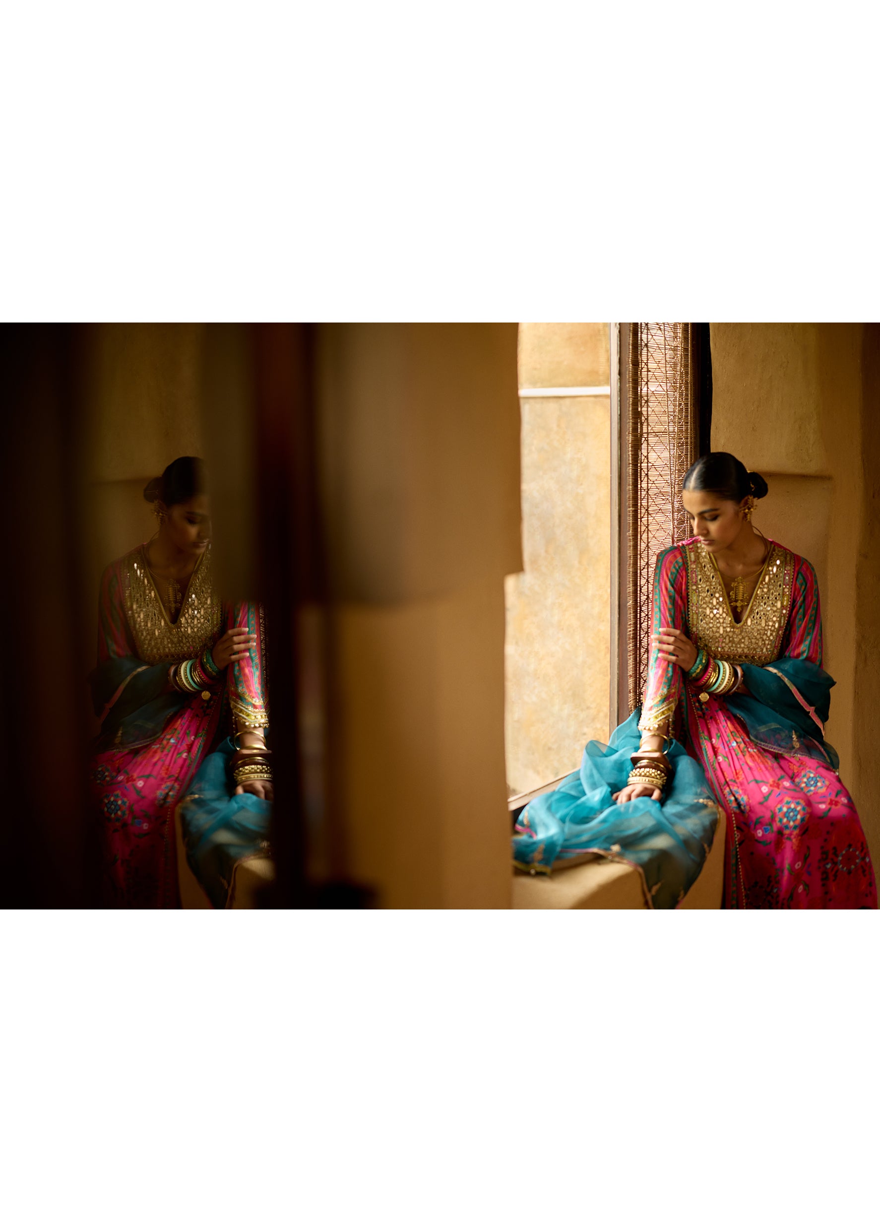 Nisbat Hot Pink Mirror Yoke Kurta Set