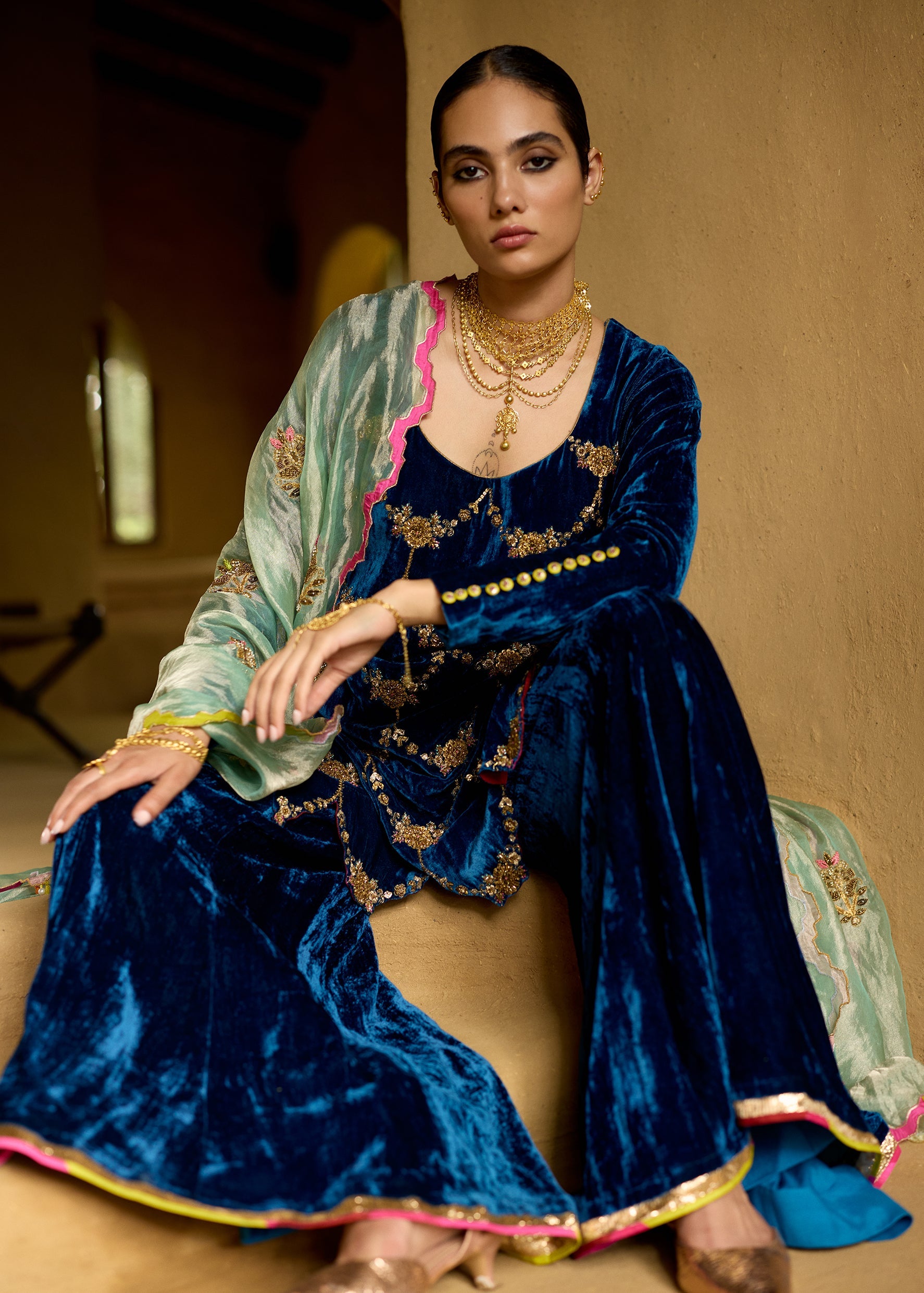 Nisbat Jester Blue Velvet Sharara Set