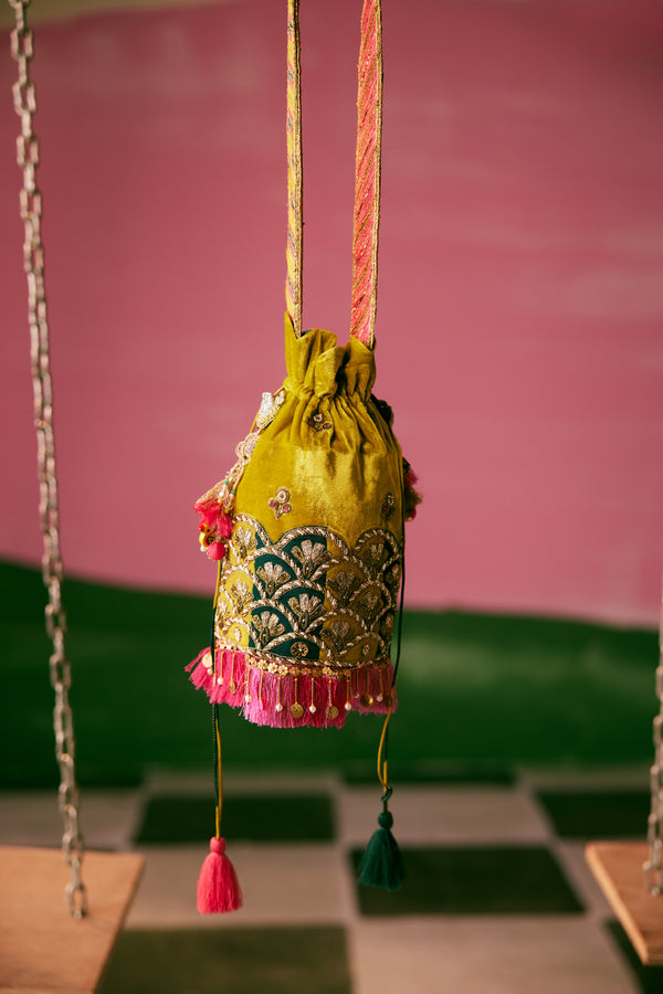 Yellow Velvet Embroidered Potli