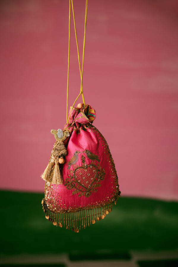 Heart Embroidered Hot Pink Potli