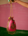 Heart Embroidered Hot Pink Potli