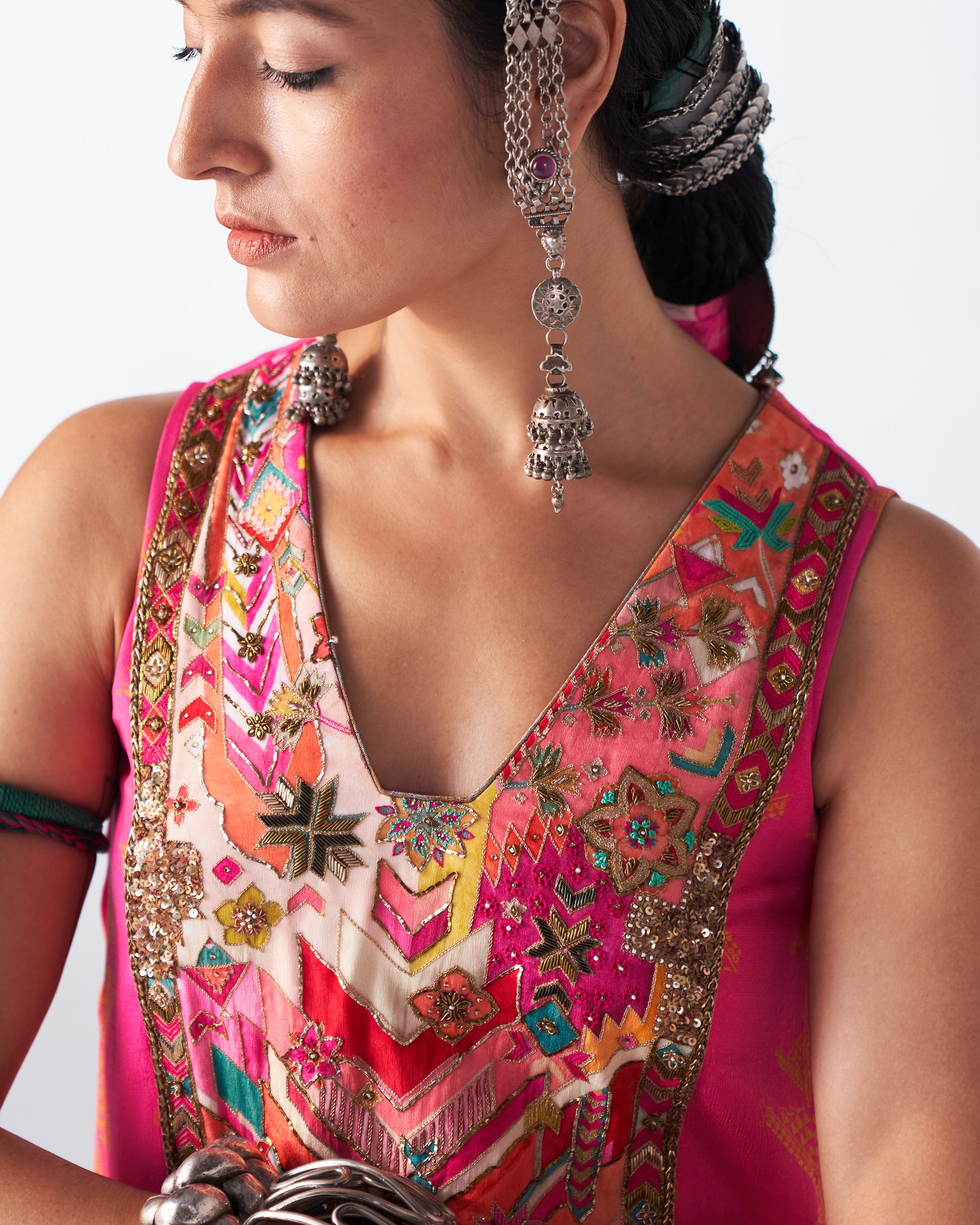 Sakhi Hot Pink Phulkari Yoke Gharara Set