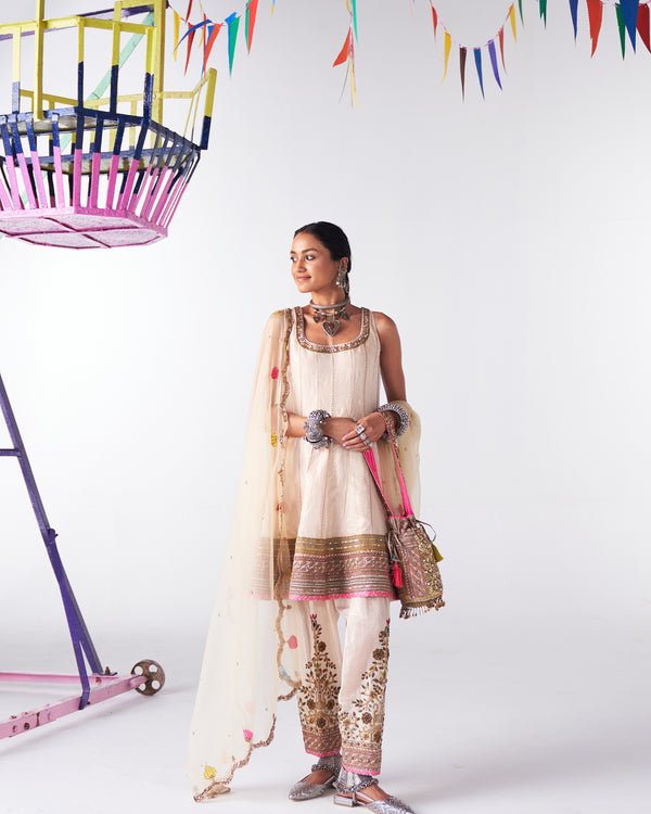 Sakhi Ivory Tissue Short Anarkali Set