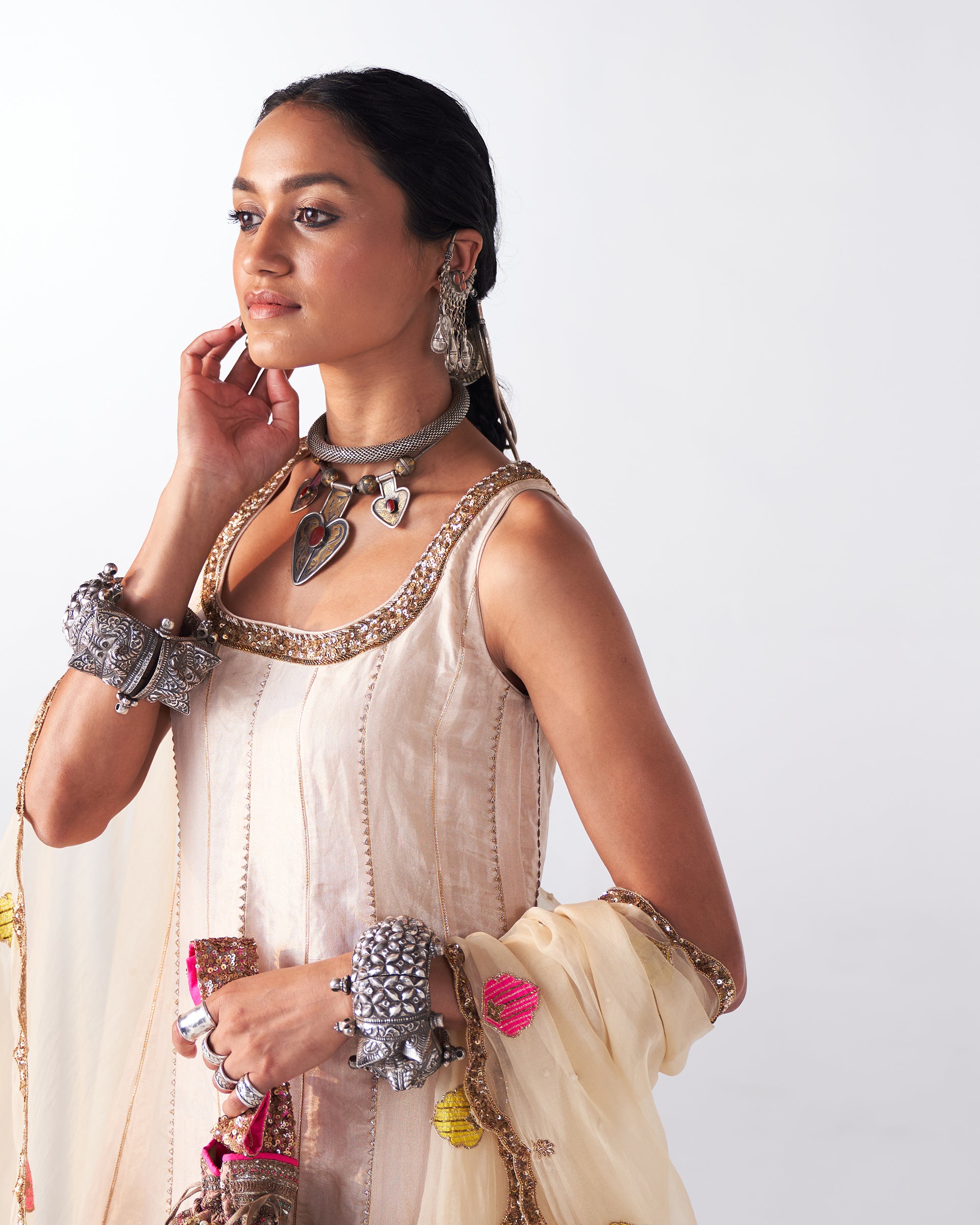 Sakhi Ivory Tissue Short Anarkali Set