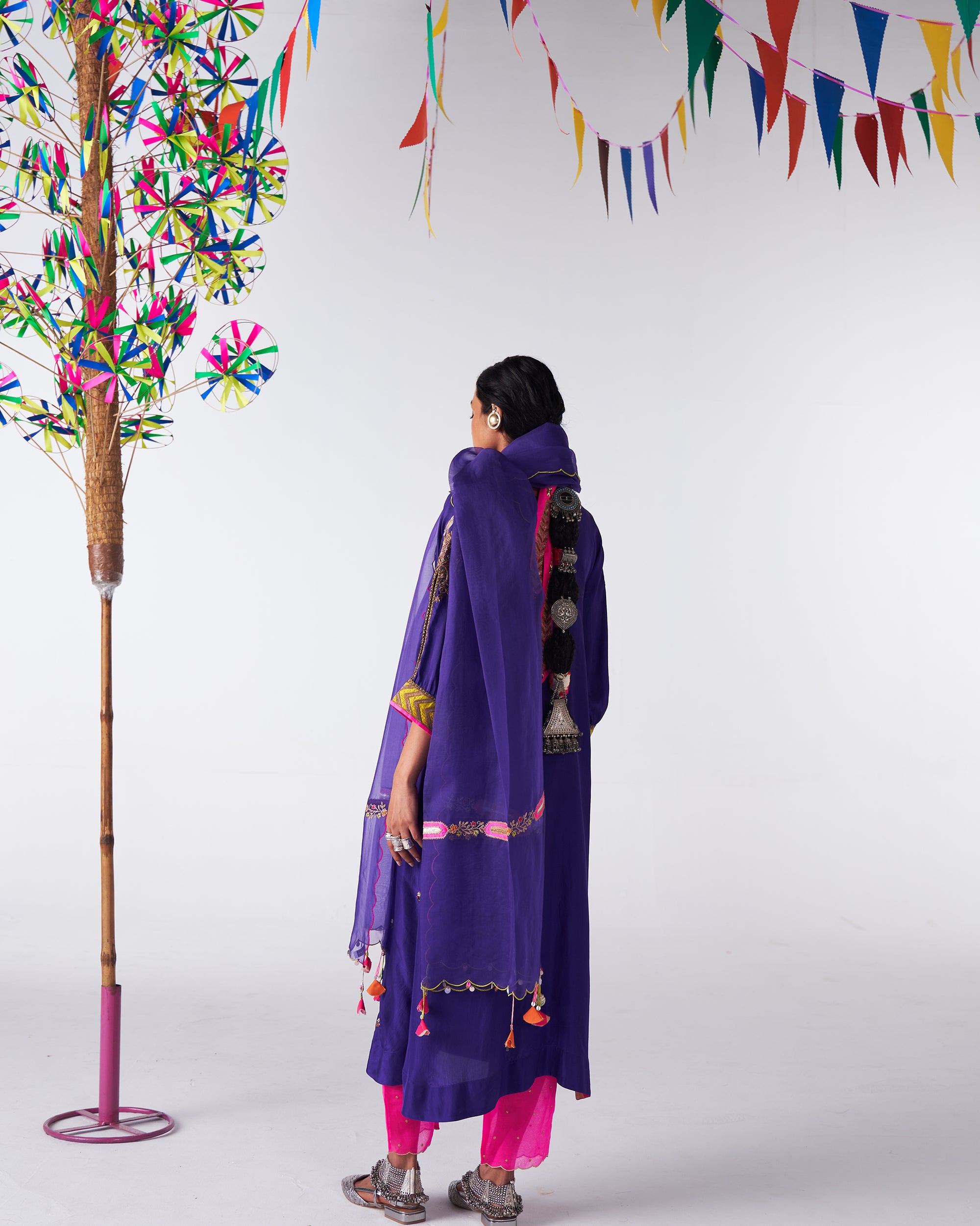 Sakhi Purple Silk Booti Kaftan Kurta Set