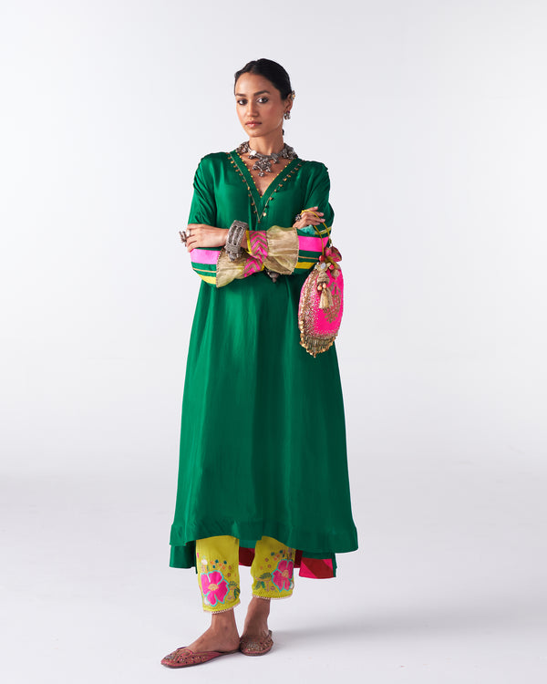 Sakhi Emerald Green Silk Back Stripe Kaftan Kurta Set