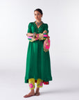 Sakhi Emerald Green Silk Back Stripe Kaftan Kurta Set