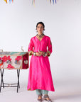 Sakhi Hot Pink Silk Booti Kaftan Kurta Set