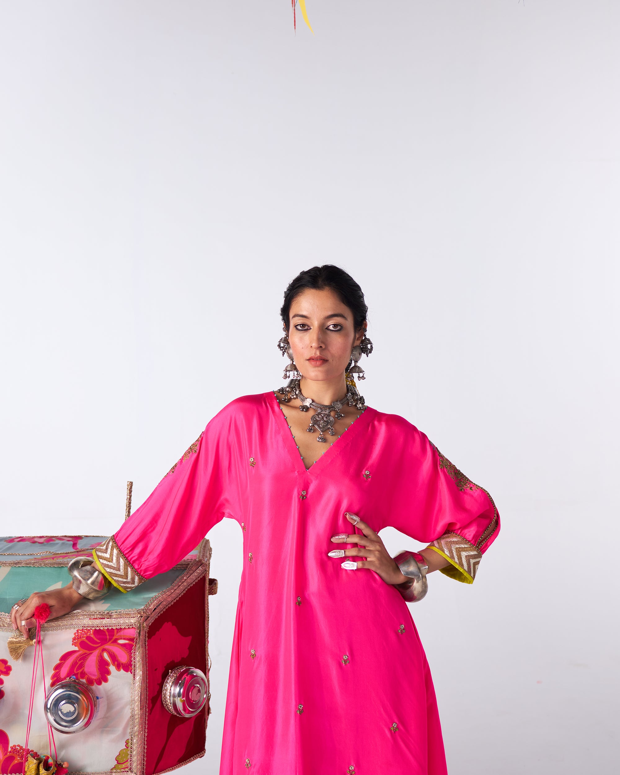 Sakhi Hot Pink Silk Booti Kaftan Kurta Set