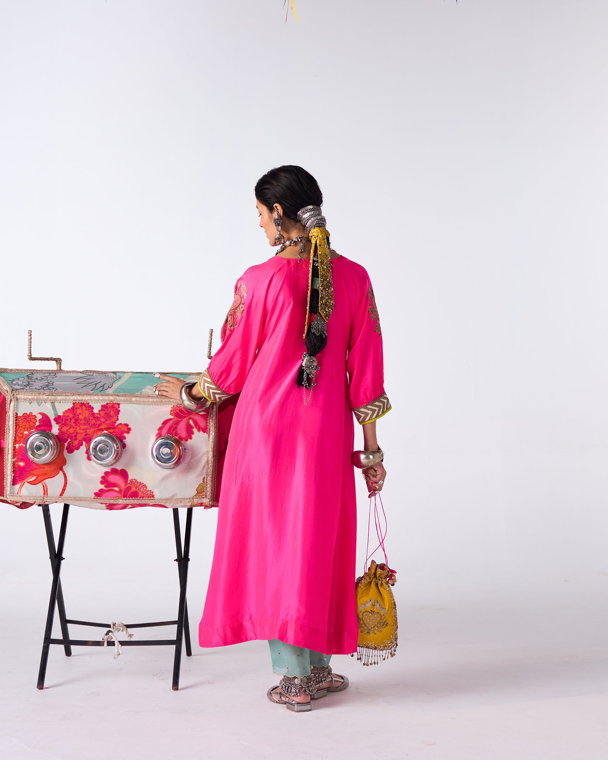 Sakhi Hot Pink Silk Booti Kaftan Kurta Set