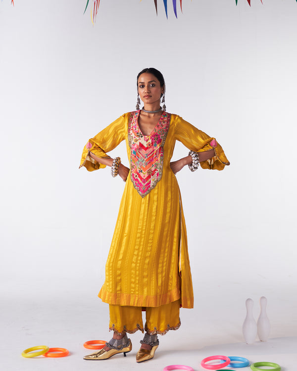 Sakhi Yellow Self Stripe Phulkari Yoke Kurta Set