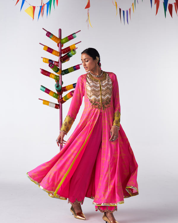 Sakhi Hot Pink Printed Jacket Anarkali Set