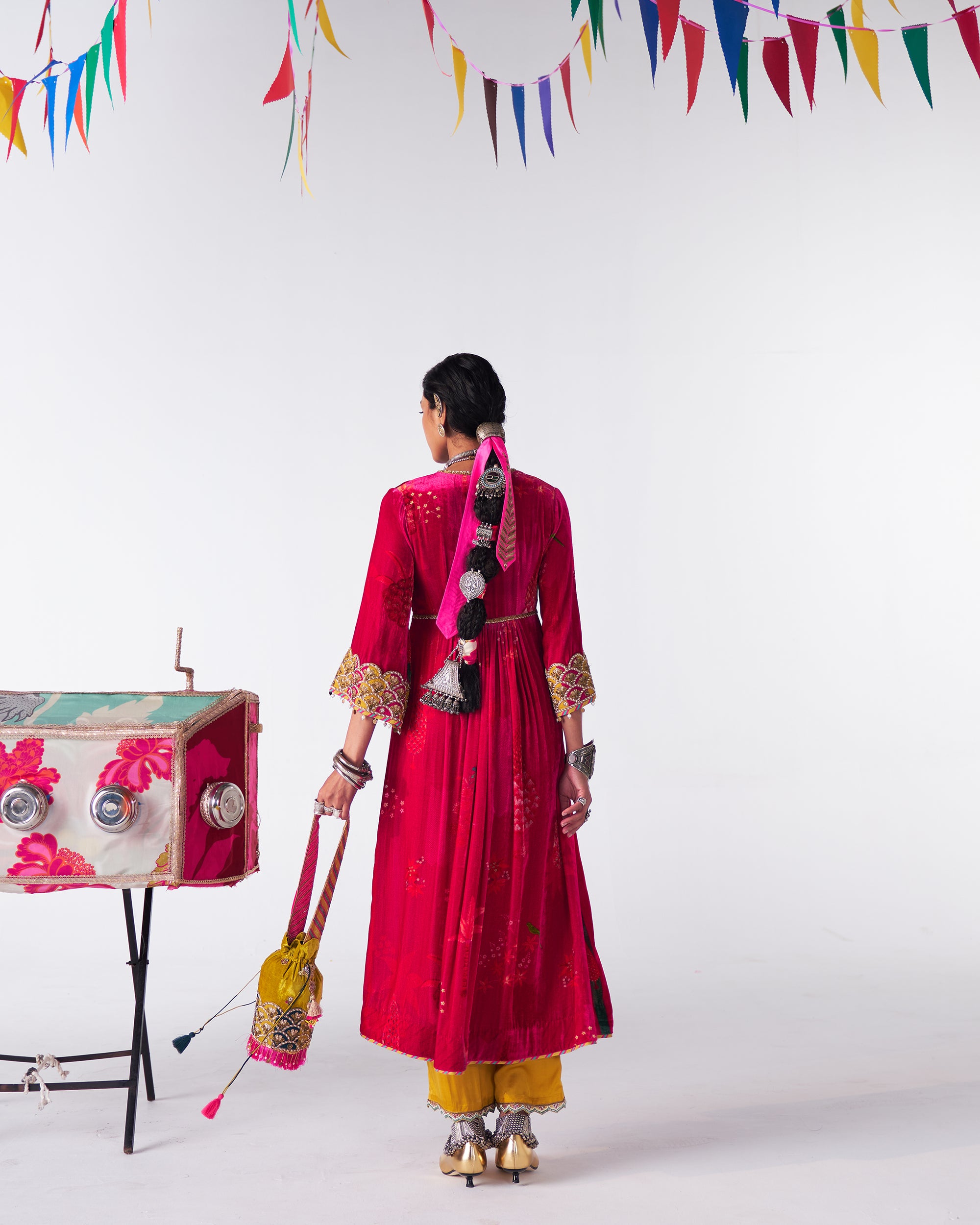 Sakhi Magenta Velvet Bell Sleeve Kurta Set