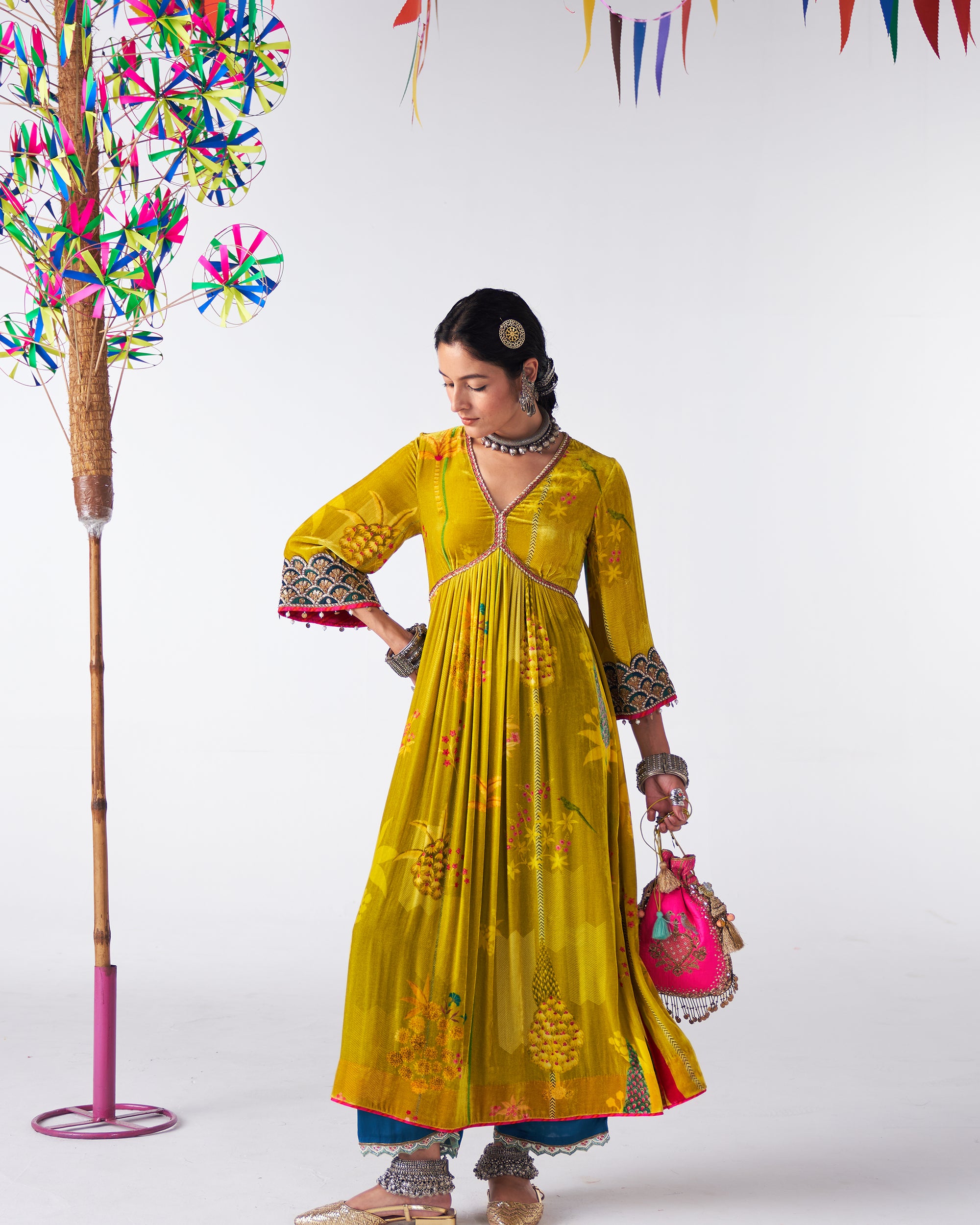 Sakhi Yellow Velvet Bell Sleeve Kurta Set