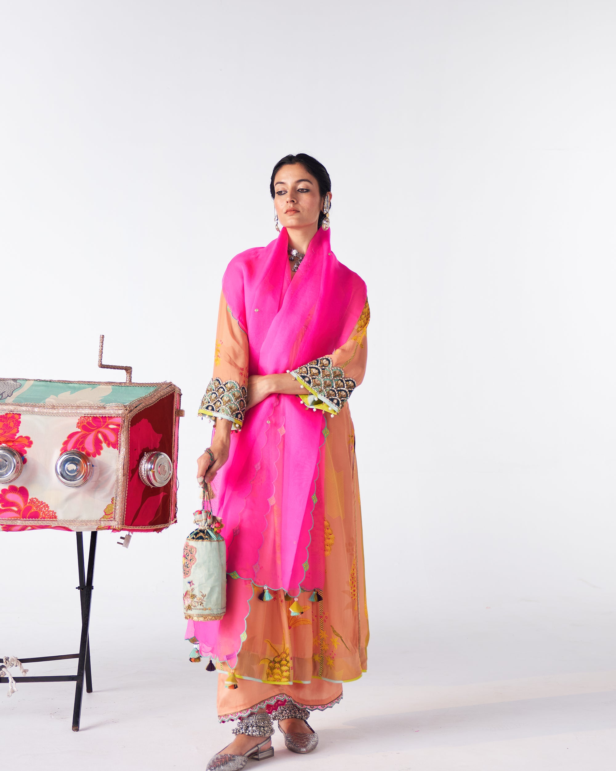 Sakhi Peachish Pink Print Bell Sleeve Kurta Set