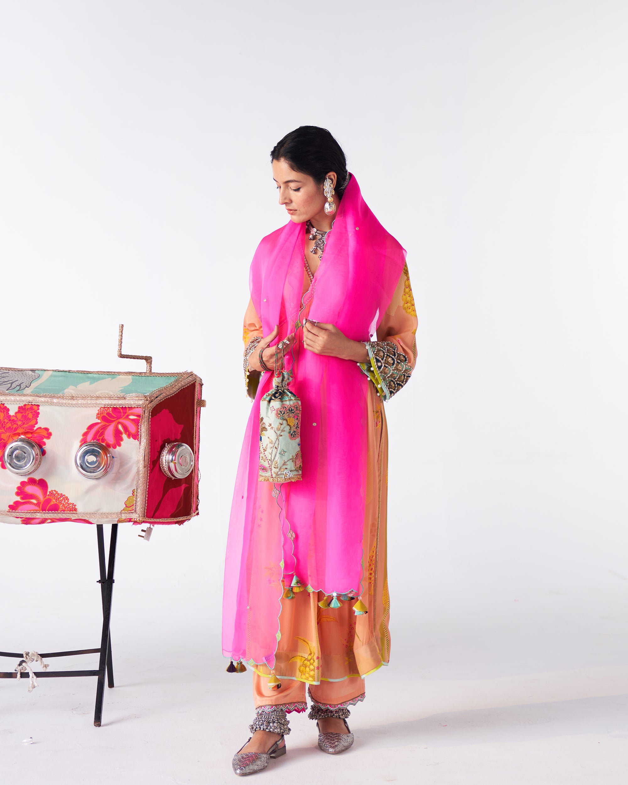 Sakhi Peachish Pink Print Bell Sleeve Kurta Set