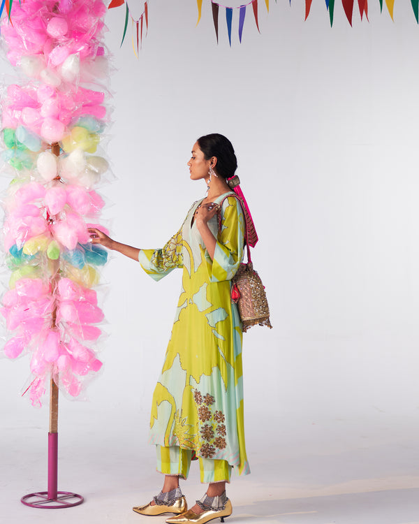 Sakhi Powder Blue- Bright Lime Highlight Kaftan Kurta Set