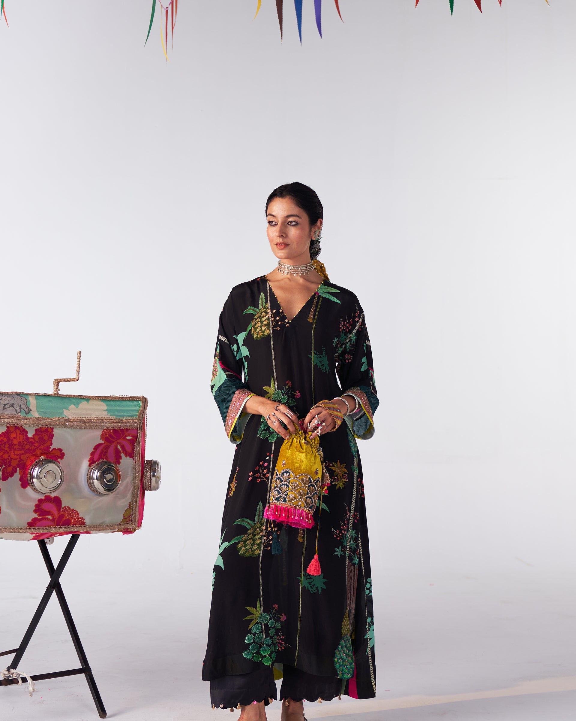 Sakhi Black Printed Kaftan Kurta Set