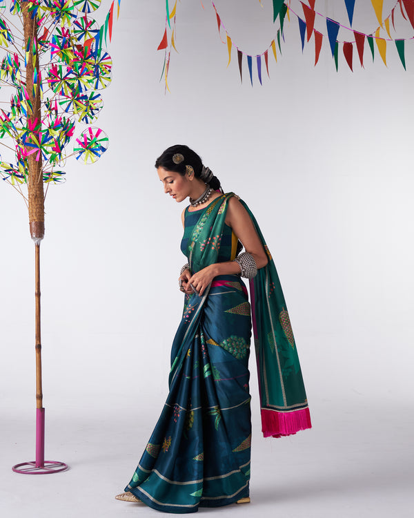 Sakhi Teal Printed Saree Set