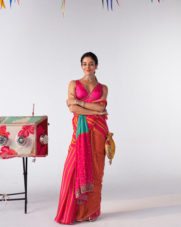 Sakhi Pink Yellow Stripe Crepe Saree Set