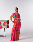 Sakhi Pink Yellow Stripe Crepe Saree Set