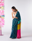 Sakhi Teal Blue Stripe Crepe Saree Set