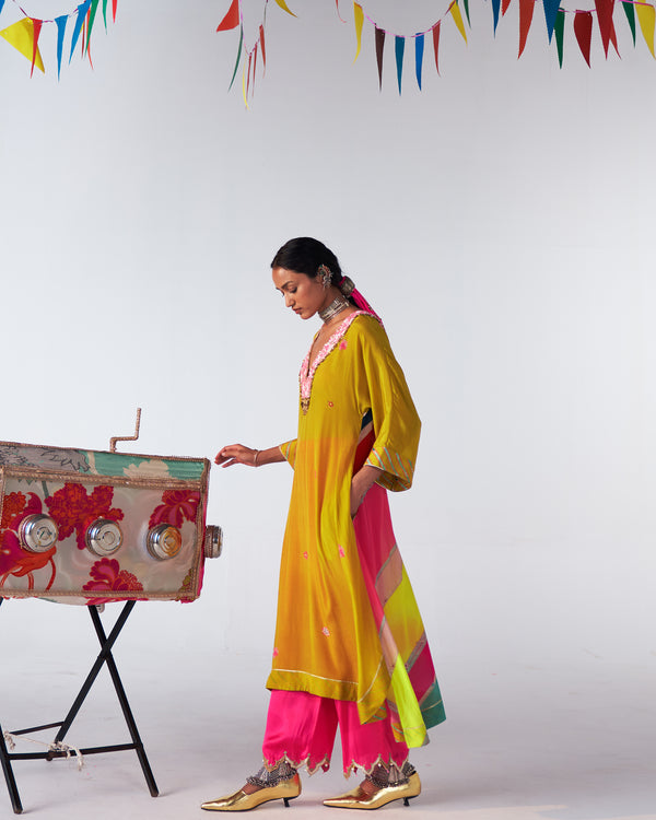 Sakhi Yellow Multicolor Back Glass Neck Kaftan Kurta Set