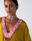 Sakhi Yellow Multicolor Back Glass Neck Kaftan Kurta Set