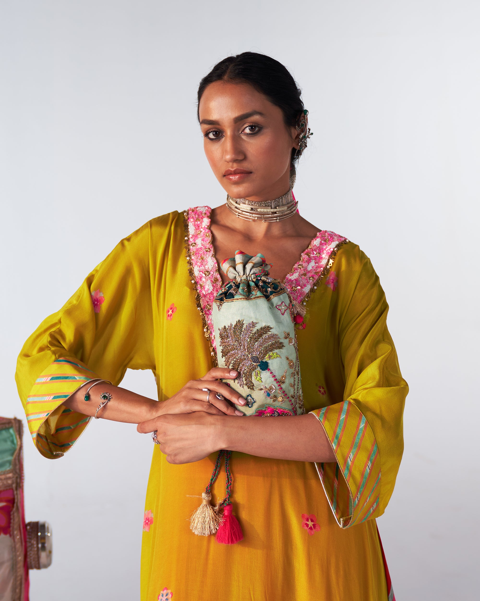 Sakhi Yellow Multicolor Back Glass Neck Kaftan Kurta Set