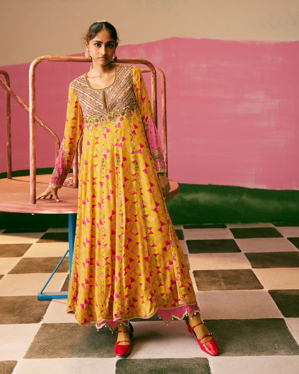 Sakhi Yellow Phulkari Short Yoke Anarkali Set