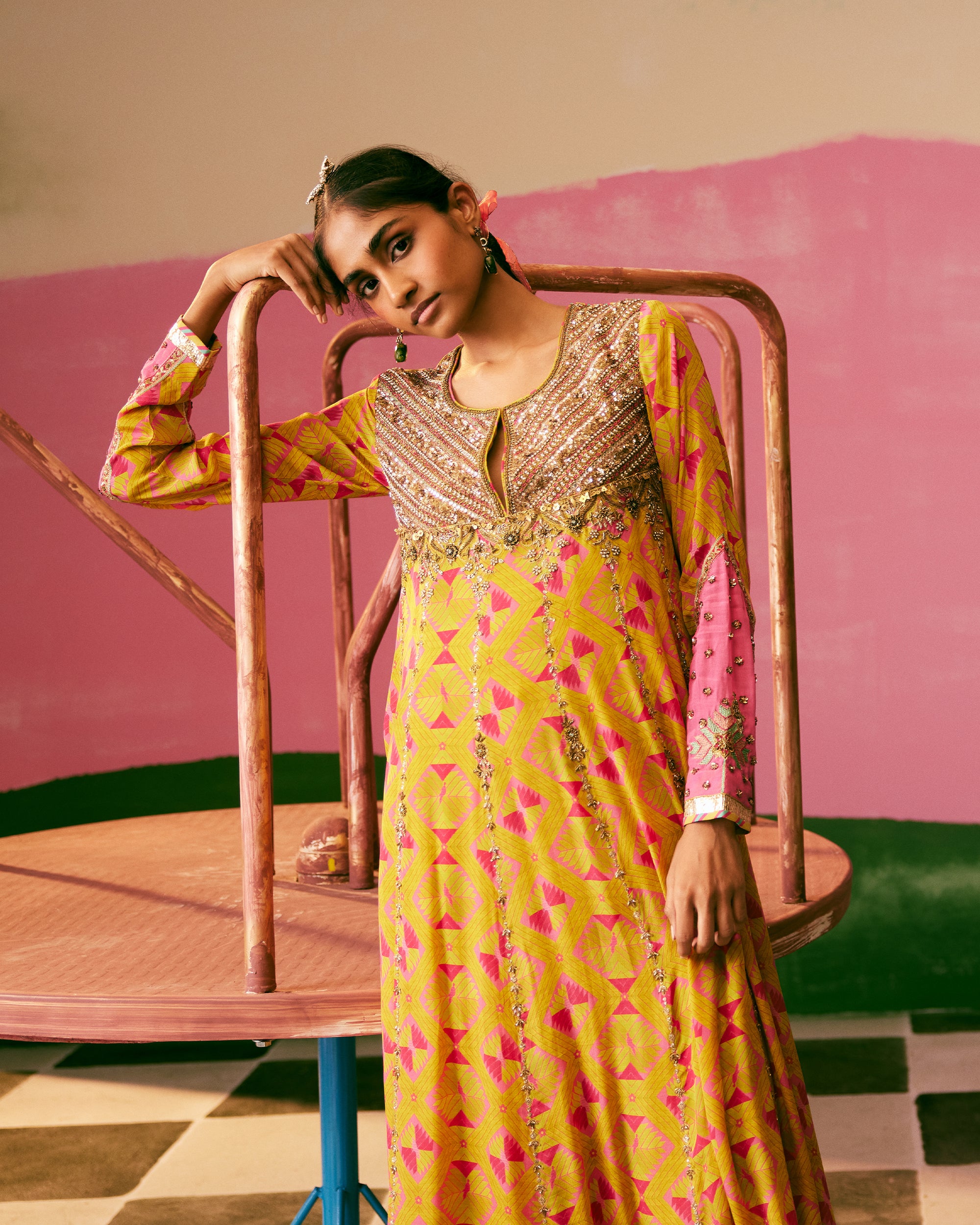 Sakhi Yellow Phulkari Short Yoke Anarkali Set