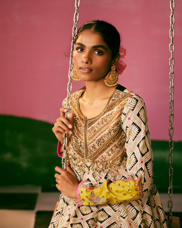 Sakhi Black and White Phulkari Short Yoke Anarkali Set