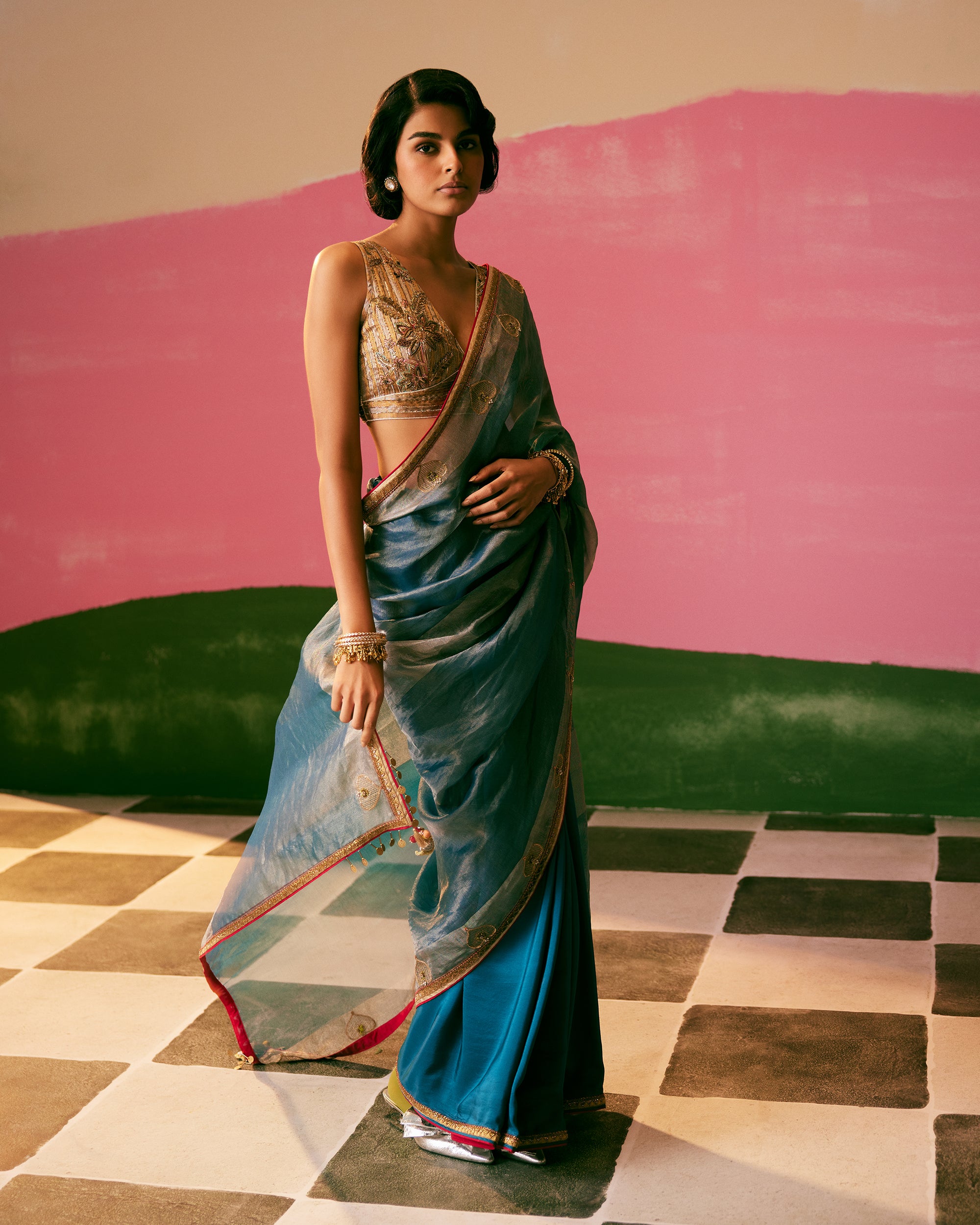 Sakhi Teal Blue Tissue Silk Saree